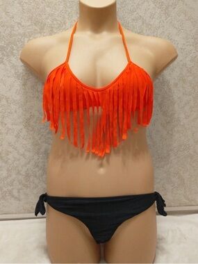 Bright Orange Fringe Halter Bikini with Black Hollister Tie-Side Bottoms